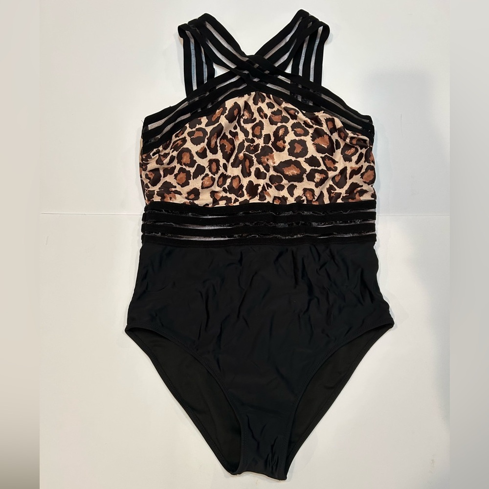 Leopard Print and Black Womens One Piece Swimsuit Like New XL